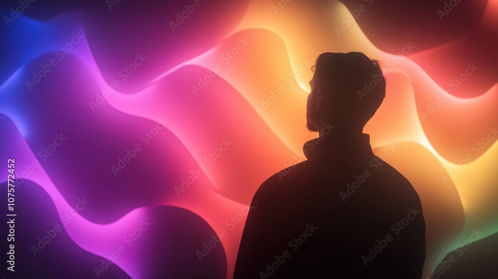 Person contemplates colorful waves of light in artistic display Person contemplates colorful waves of light in artistic display