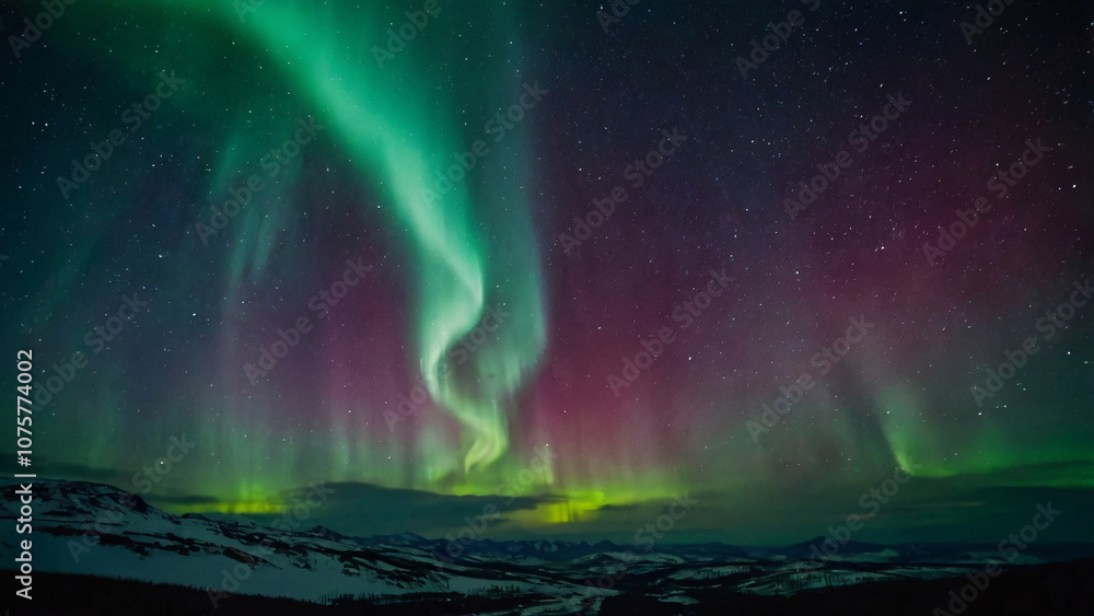 Northern Lights Over Snowy Mountain Landscape. Stunning aurora borealis with green and purple hues dancing over a serene snowy mountain landscape under a starry night sky.
Northern Lights Over Snowy Mountain Landscape. Stunning aurora borealis with green and purple hues dancing over a serene snowy mountain landscape under a starry night sky.