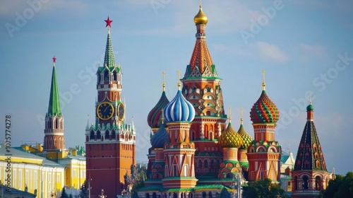 A serene view of the Kremlin and Saint Basil Cathedral in Moscow, with their colorful