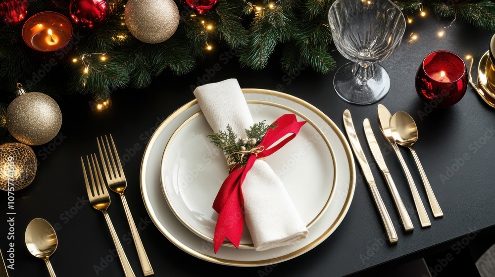 A sophisticated New Year's table design, featuring elegant cutlery, A sophisticated New Year's table design, featuring elegant cutlery,