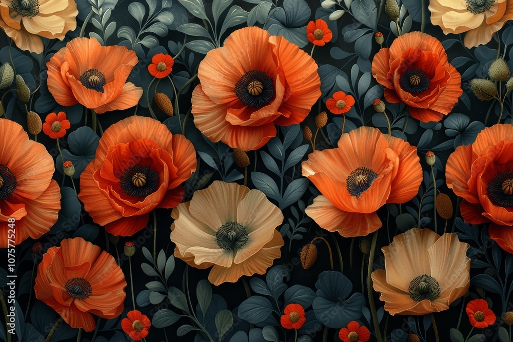 Art Nouveau Floral Seamless Pattern with Orange and Teal Poppies and Greenery Art Nouveau Floral Seamless Pattern with Orange and Teal Poppies and Greenery