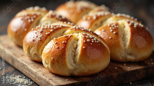 Freshly baked brioche buns with sesame seeds on wooden board