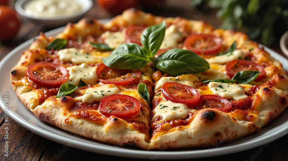 Greek pizza with fresh tomatoes and basil on plate Greek pizza with fresh tomatoes and basil on plate
