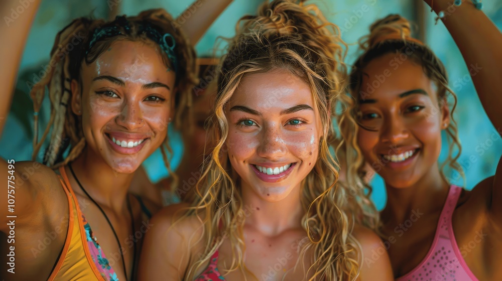Diverse fitness friends high-fiving after intense workout, celebrating together in gym Diverse fitness friends high-fiving after intense workout, celebrating together in gym