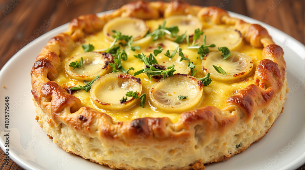 Quiche Lorraine with lemon slices and herbs on white plate Quiche Lorraine with lemon slices and herbs on white plate