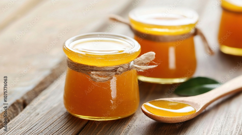Three jars of honey sit on a wooden table with two wooden spoons nearby, one beside each jar Three jars of honey sit on a wooden table with two wooden spoons nearby, one beside each jar