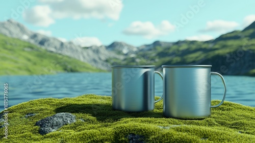 Two Stainless Steel Camping Mugs on Mossy Rock by Mountain Lake