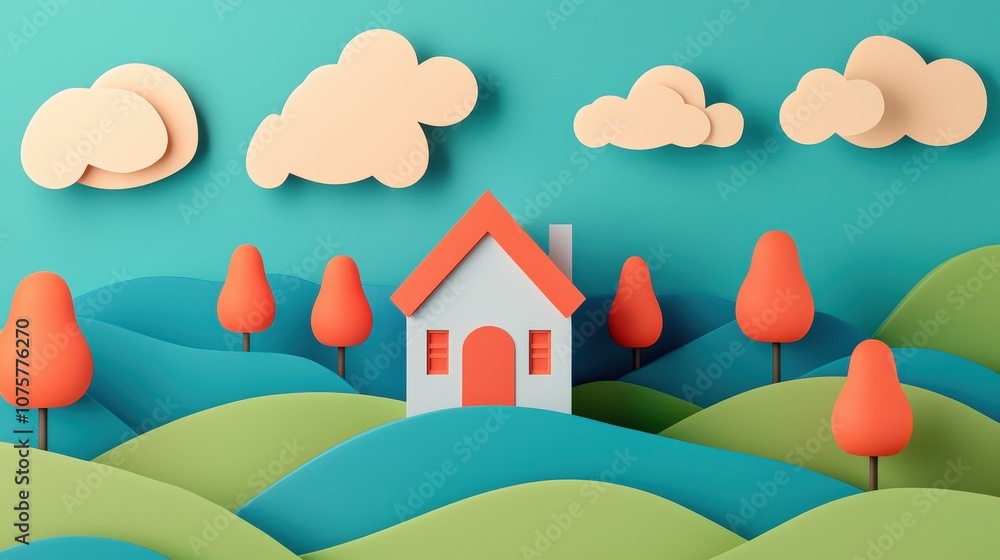 Cute 3D Paper Cutout House in a Hilly Landscape with Clouds Cute 3D Paper Cutout House in a Hilly Landscape with Clouds
