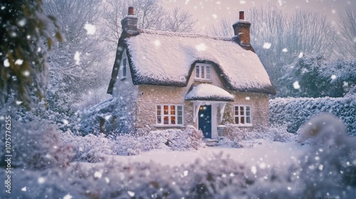 Wallpaper Mural A traditional English cottage with a thatched roof, surrounded by a snowy garden, Torontodigital.ca