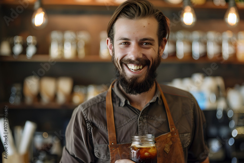 A smiling Caucasian male barista with a beard, wearing an apron, holds a jar of iced coffee, exuding a warm and inviting atmosphere.