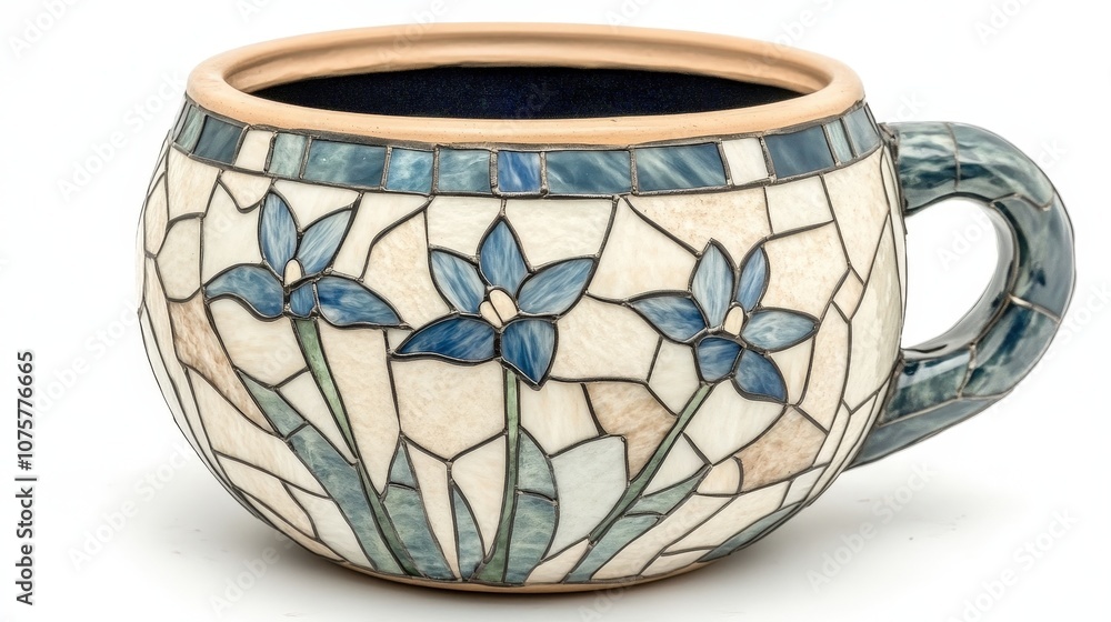 Stained Glass Flower Pot with Blue Irises and Handle Home Decor Stained Glass Flower Pot with Blue Irises and Handle Home Decor