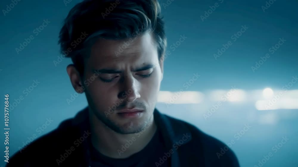 Portrait of a young man with a desperate expression, eyes closed, in a dramatic low-light environment. Portrait of a young man with a desperate expression, eyes closed, in a dramatic low-light environment.