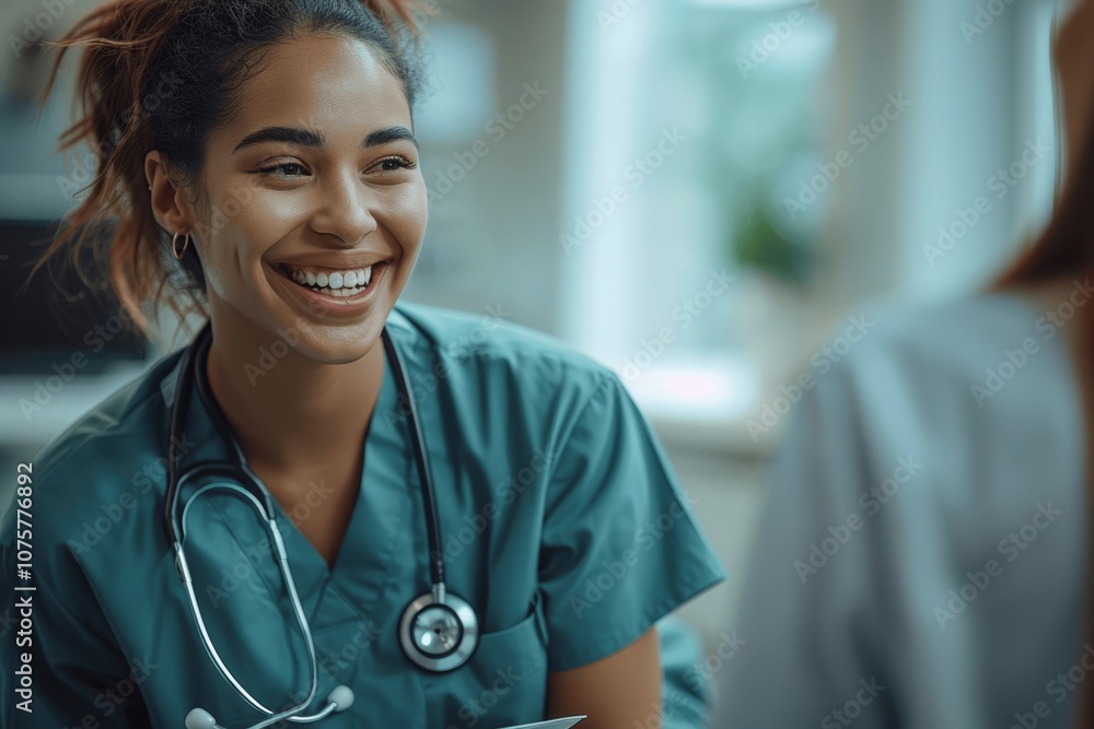 Nurses Laughing and Talking in a Hospital Room Near Window Nurses Laughing and Talking in a Hospital Room Near Window
