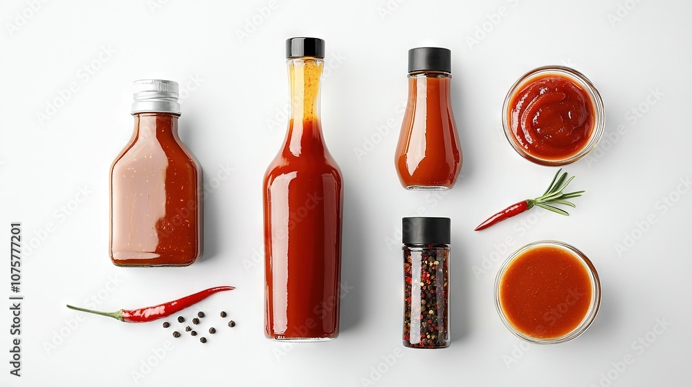 A selection of sauces and condiments is displayed on a white plate, featuring a bottle of ketchup, a jar of hot sauce, a jalapeno pepper, a serr A selection of sauces and condiments is displayed on a white plate, featuring a bottle of ketchup, a jar of hot sauce, a jalapeno pepper, a serr