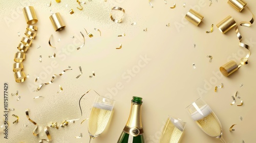 New Year celebration background with champagne and confetti. Golden holiday party, new year celebration concept.