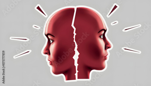 Head with faces looking in different directions, inner conflict with identity, deceitfulness and inside torn personality, psychology concept with white shades, png photo