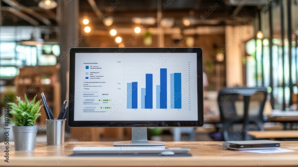 Modern Workspace with Computer Displaying Charts and Graphs in an Open Office Environment, Highlighting Data Analysis Trends and Business Insights Modern Workspace with Computer Displaying Charts and Graphs in an Open Office Environment, Highlighting Data Analysis Trends and Business Insights