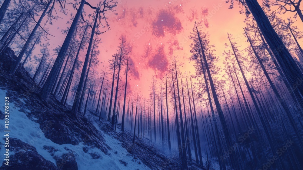 Fototapeta premium A wide-angle view of an abstract forest on a mountainous terrain during winter,