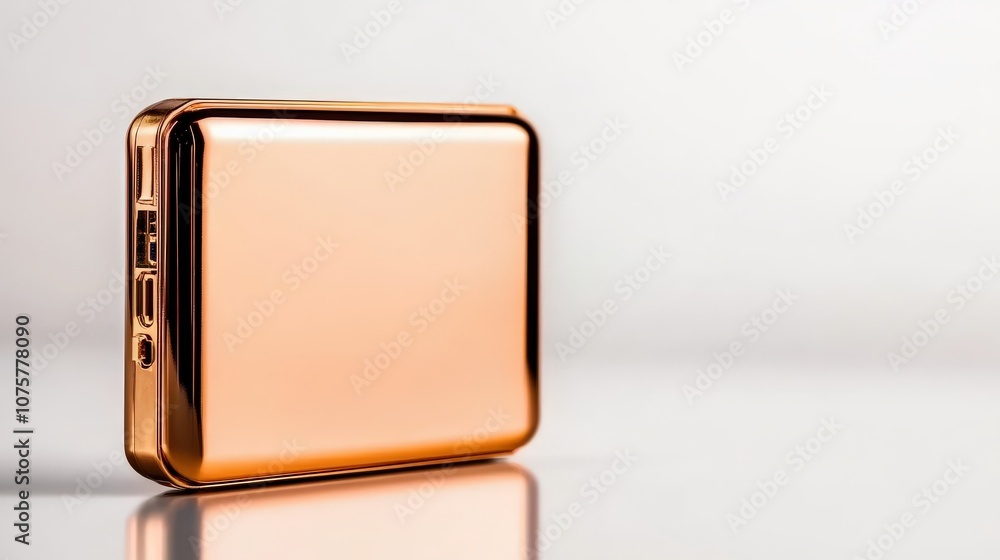 A shiny, rose gold rectangular object sits on a reflective surface, showcasing its smooth surface and minimalist design. A shiny, rose gold rectangular object sits on a reflective surface, showcasing its smooth surface and minimalist design.