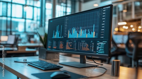 Modern Workspace Featuring a Computer Monitor Displaying Data Visualizations and Graphs, Showcasing Technology and Productivity in a Contemporary Office Environment