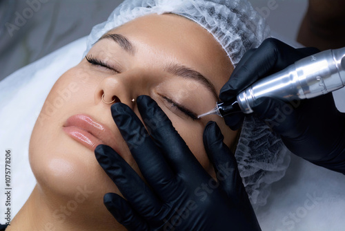 A beautician does permanent eyeliner makeup on a woman. Tattooing in a beauty salon.