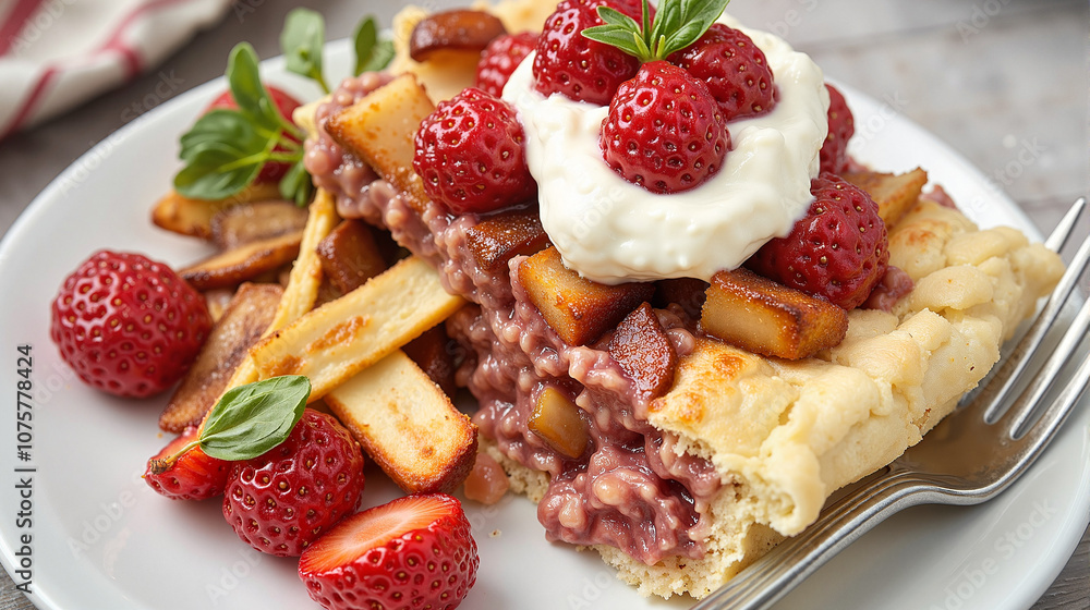 Strawberry rhubarb pie with cream and fresh berries Strawberry rhubarb pie with cream and fresh berries