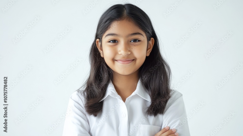Adorable Indian-Asian schoolgirl in a white uniform, playfully posing Adorable Indian-Asian schoolgirl in a white uniform, playfully posing