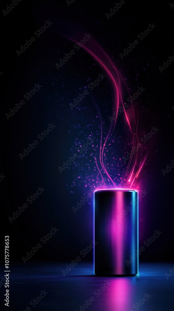 A luminous can emits colorful swirls of light in a dark setting, creating a dynamic and mystical atmosphere. A luminous can emits colorful swirls of light in a dark setting, creating a dynamic and mystical atmosphere.