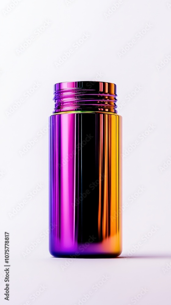 A sleek, metallic bottle displays a vibrant gradient of purple and orange hues, set against a clean, white background. A sleek, metallic bottle displays a vibrant gradient of purple and orange hues, set against a clean, white background.