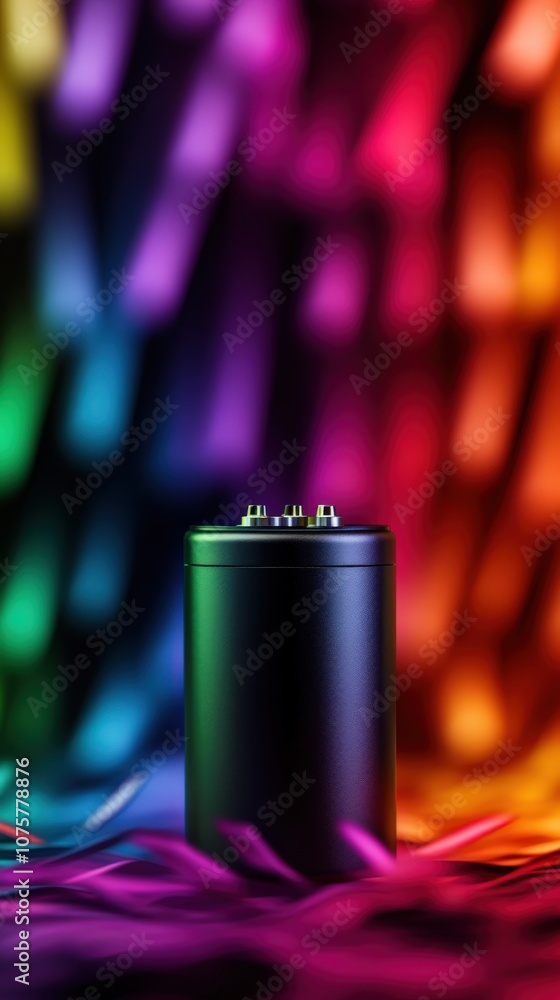 A sleek, black cylindrical object stands against a vibrant, colorful backdrop, showcasing depth and brightness through blurred, rainbow hues. A sleek, black cylindrical object stands against a vibrant, colorful backdrop, showcasing depth and brightness through blurred, rainbow hues.