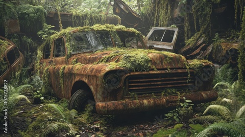 An abandoned car junkyard, where moss and vines have taken over the old vehicles,