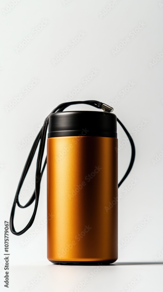 A sleek, orange metal thermos with a black lid and strap, designed for keeping beverages hot or cold on the go. A sleek, orange metal thermos with a black lid and strap, designed for keeping beverages hot or cold on the go.