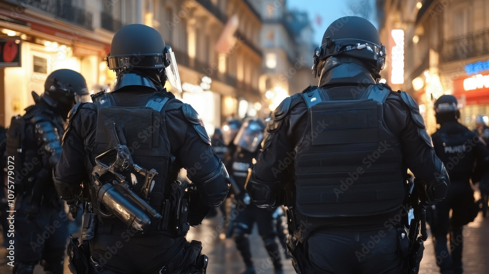 Police officers in riot gear patrol busy urban streets Police officers in riot gear patrol busy urban streets