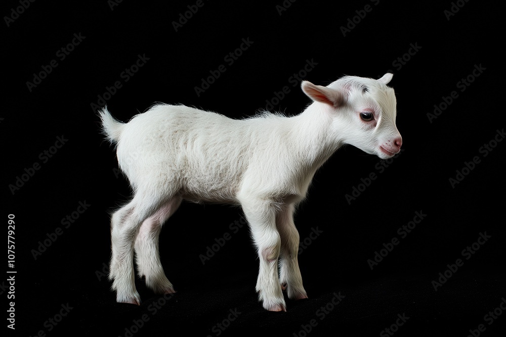 the beside view baby Domestic Goat standing, left side view, low angle, white copy space on right, Isolated on black Background the beside view baby Domestic Goat standing, left side view, low angle, white copy space on right, Isolated on black Background