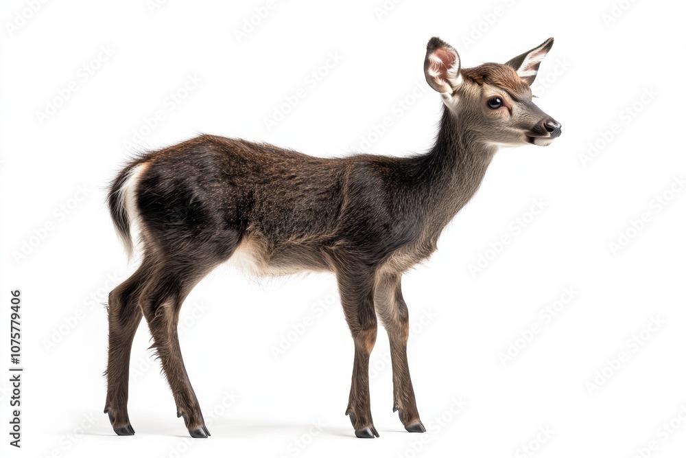 the beside view baby Sambar Deer standing, left side view, low angle, white copy space on right, Isolated on White Background the beside view baby Sambar Deer standing, left side view, low angle, white copy space on right, Isolated on White Background