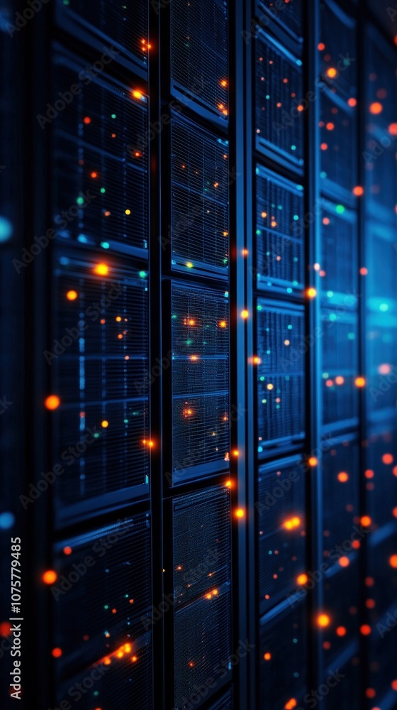 A close-up view of a data center with illuminated server racks, conveying a sense of technology and digital infrastructure. A close-up view of a data center with illuminated server racks, conveying a sense of technology and digital infrastructure.