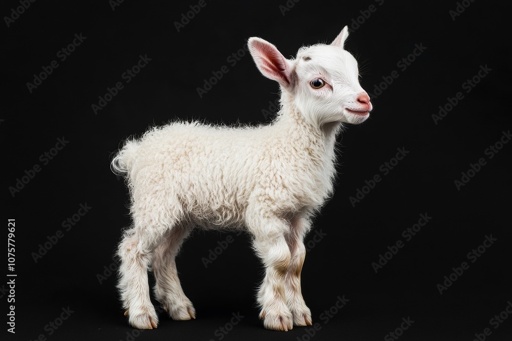 Fototapeta premium the beside view baby Domestic Goat standing, left side view, low angle, white copy space on right, Isolated on black Background