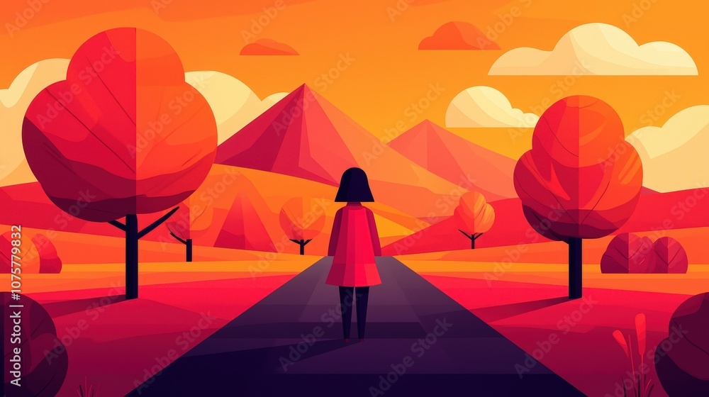 Naklejka premium Woman Walking Towards Mountain Range in Colorful Autumn Landscape Illustration