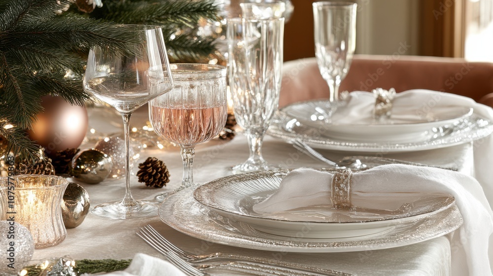 An elegant and understated New Year's table design with soft colors, delicate glassware, An elegant and understated New Year's table design with soft colors, delicate glassware,