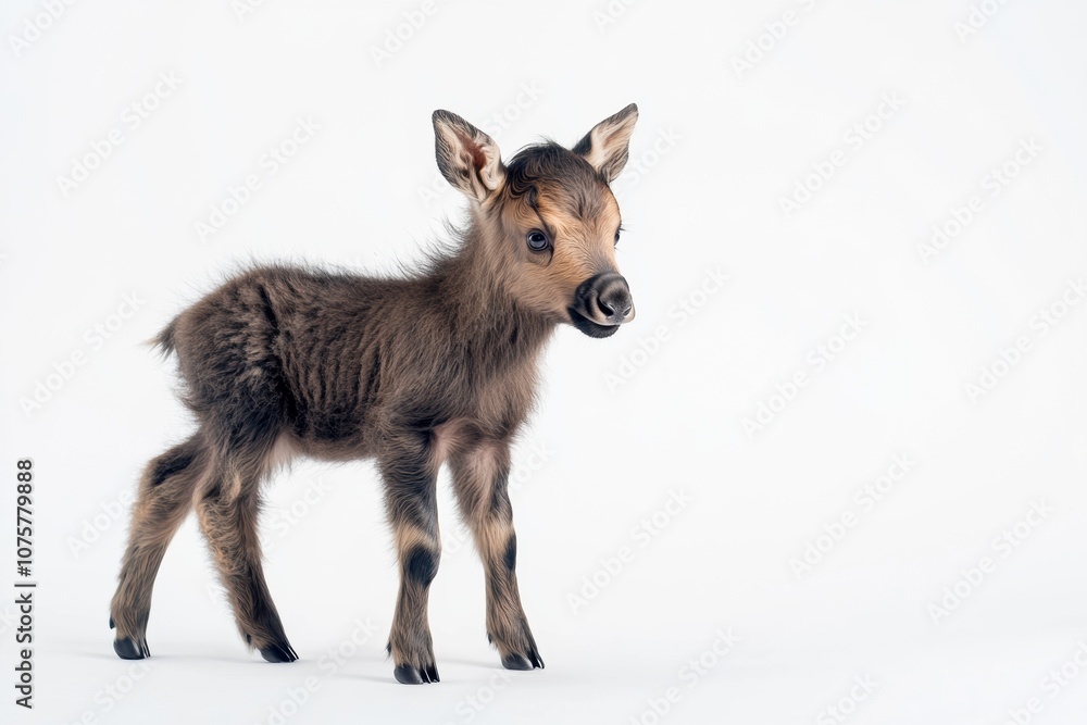 the beside view baby Moose standing, left side view, low angle, white copy space on right, Isolated on White Background the beside view baby Moose standing, left side view, low angle, white copy space on right, Isolated on White Background