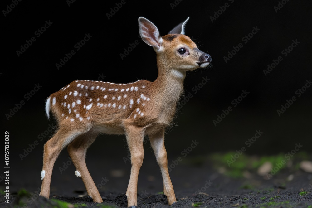 the beside view baby Roe Deer standing, left side view, low angle, white copy space on right, Isolated on black Background the beside view baby Roe Deer standing, left side view, low angle, white copy space on right, Isolated on black Background
