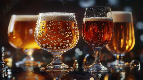 An elegant arrangement of realistic beers in crystal chalices, capturing their golden,