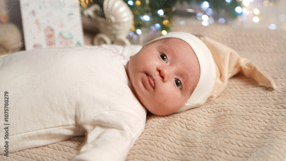 Newborn baby lies on Christmas and New Year Eve. Newborn baby lies on Christmas and New Year Eve.