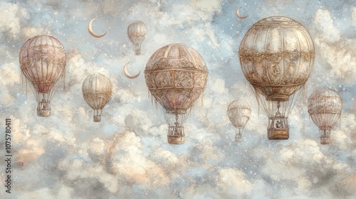 Fototapeta Naklejka Na Ścianę i Meble -  Pastel Hot Air Balloons Flying Through Starry Sky Seamless Pattern
