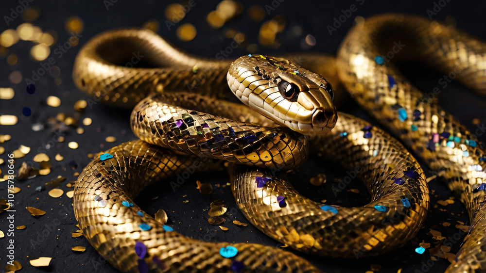 A striking close-up of a coiled snake covered in reflective gold and black metallic scales, set against a dark background. Snake an opulent and surreal appearance, blending luxury with nature A striking close-up of a coiled snake covered in reflective gold and black metallic scales, set against a dark background. Snake an opulent and surreal appearance, blending luxury with nature