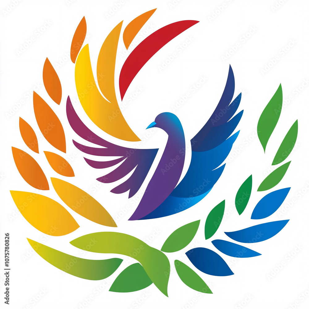 Obraz premium A vibrant logo featuring a stylized phoenix surrounded by colorful leaves, symbolizing rebirth, hope, and environmental awareness.