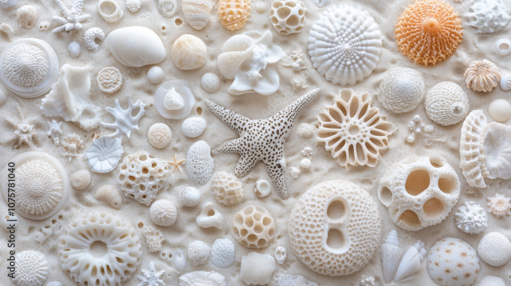 A collection of various seashells and marine life forms arranged aesthetically on a light background, showcasing unique textures and shapes. A collection of various seashells and marine life forms arranged aesthetically on a light background, showcasing unique textures and shapes.