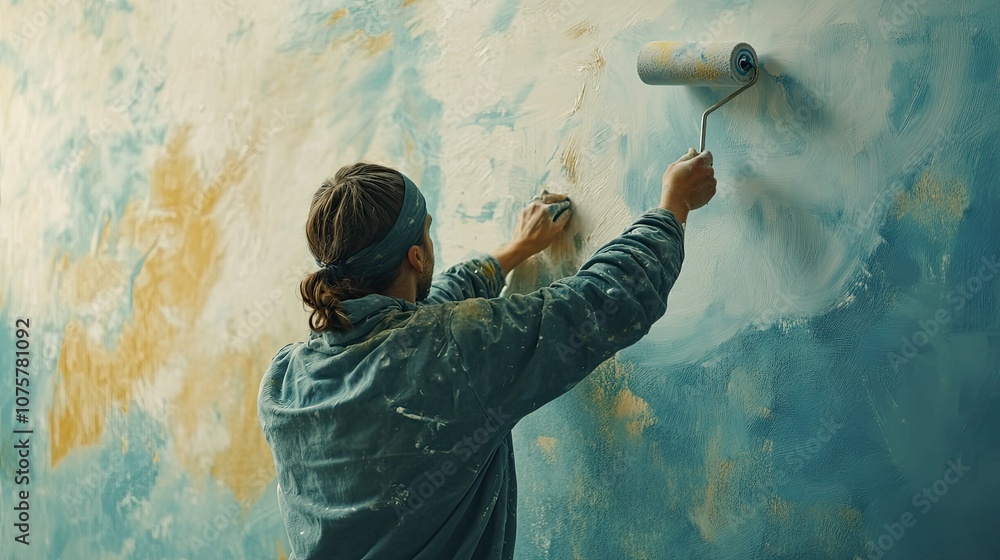 Obraz premium Painter painting a piece on the wall with a roller. Concept of hard work, home decoration