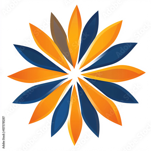 A vibrant design featuring stylized petals in blue and orange, arranged in a circular pattern, creating an artistic and dynamic floral shape.