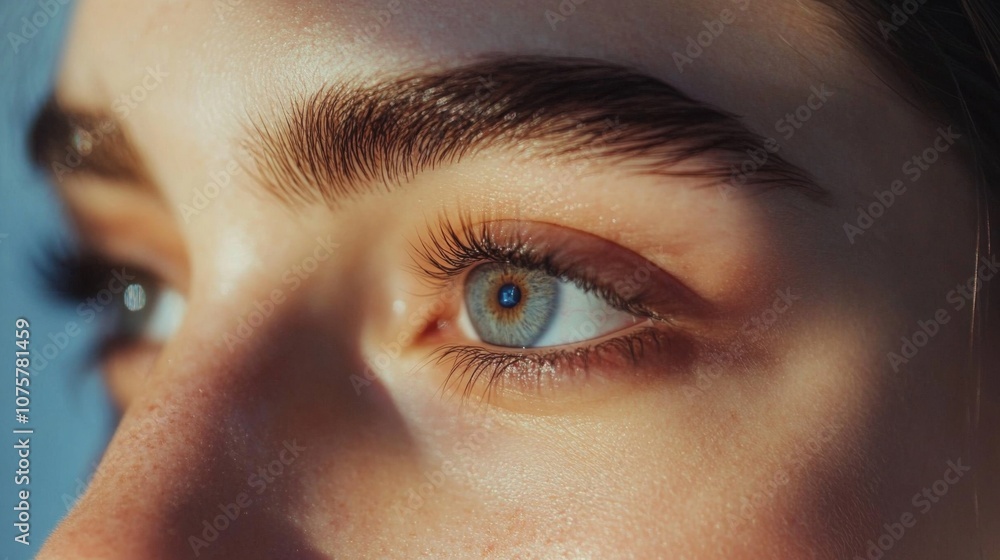 Naklejka premium Close-Up of a Human Eye with Striking Blue Iris, Long Lashes, and Natural Brow in Soft Light, Highlighting the Intricate Details of Eye Anatomy and Expression